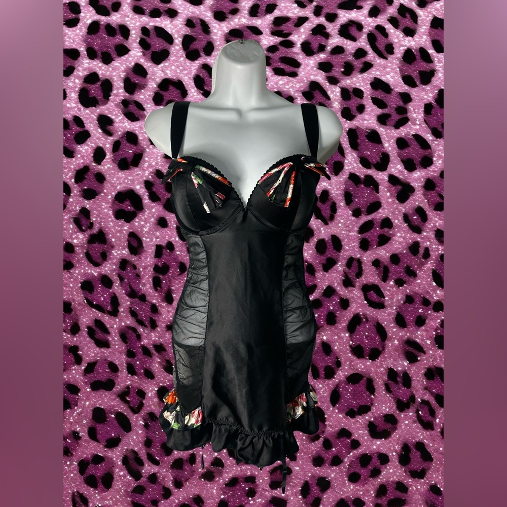 Vintage Victoria’s Secret Black Satin Babydoll Basque Dress